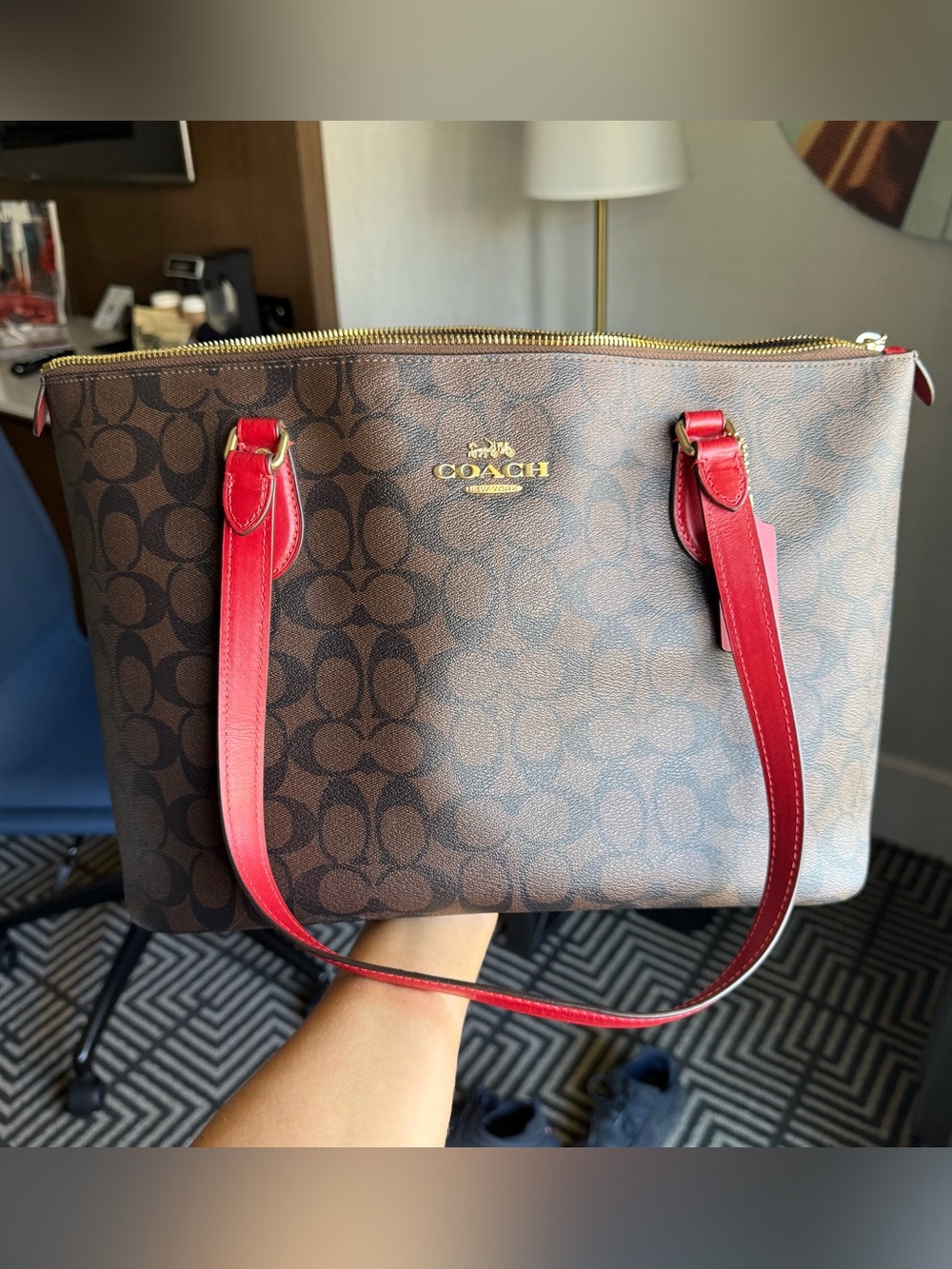COACH Brown Signature Tote with Red Leather Straps
